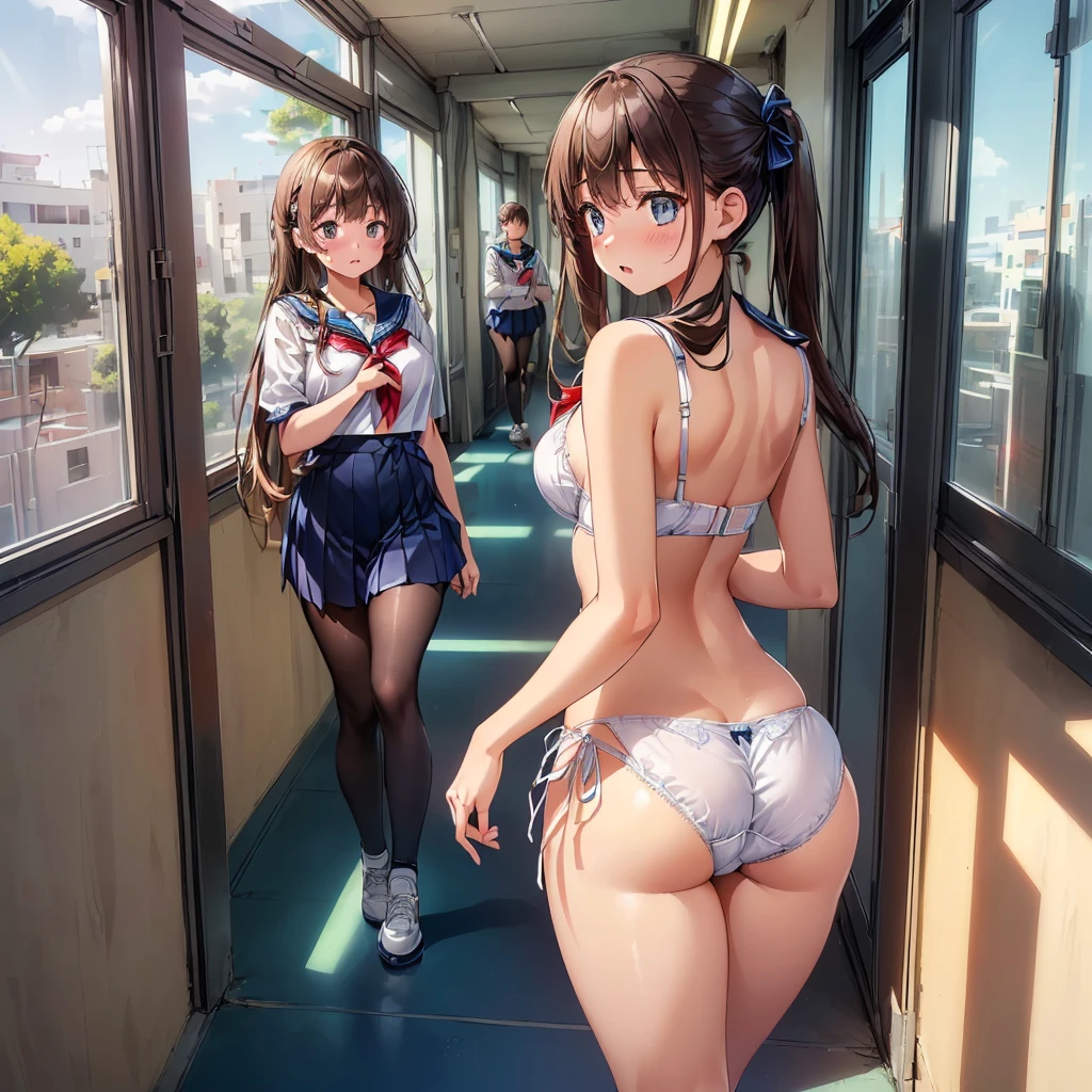 ((A woman in a navy blue sailor suit is walking sexily through the school corridor.:1.4), ((highest quality)), (Super detailed), (Very detailed CG synthesis 8k wallpaper), Very detailed, High resolution raw color photos, Professional photography, Brown Hair, Twin tails, Great face and eyes, Slender body, (Amazingly beautiful girl), (School corridor, Many students are walking down the hallway, A student is looking out of the classroom window:1.3), (Stylish white lingerie), (Stylish white micro bra), (Stylish white satin side-tie panties), (show off panties:1.4)Exact number of arms, Exact number of legs, Perfect Anatomy, (Embarrassed expression, Surprised expression), Looking Back, Angle from behind