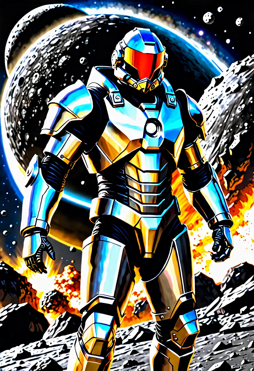A man dressed in super technological armor prepares to leave planet Earth and destroy an asteroid 2x larger than the moon.