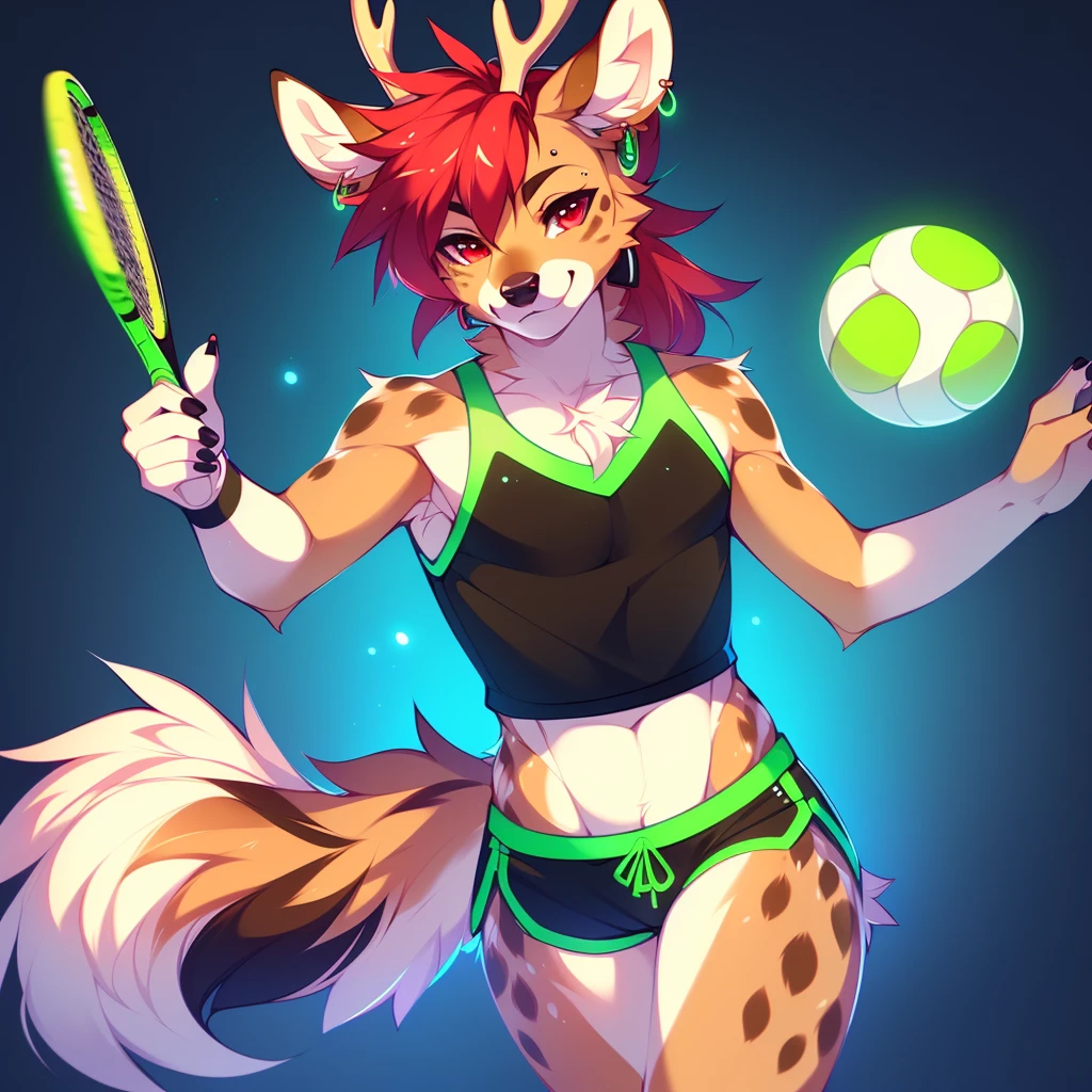((sfw)) Solo, A cute anthro, (((half hyena half deer))), male, (cute snout:1.2) full body, ((by hyattlen, by fumiko, ((by zackary, by fumiko)), solo, anthro, male deer, deer antlers, Bright brown fur body, ((brown ears)), red hair, mullet, detailed eyes, (heterochromatic eyes), diferent color eyes, one red eye and one green eye, bright white neck, dark hyena spots, white fawn spots, white chest, perfect drawn tail, hyena arms, hyena paws, deer tail, cute deer tail, small fluffy tail, soft and warm chest, fluffy chest, verry fluffy body, smirk, toned body, great anatomy, femboy jock, big ass, thick thighs, looking at the viwer, bedroom eyes, half lidded eyes, well drawn hands, earrings, eyebrow piercing, good anatomy, detail, (full body), sexy pose, seductive pose, dynamic pose, moving, tennis ball, tennis racquet, playing sports, playing tennis, wearing tiny shorts and a cropped shirt, bright green color scheme, neon green and black outfit color scheme,