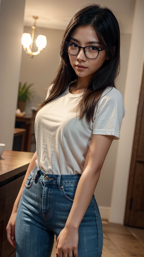 a cute tan Chinese girl wearing glasses, jeans, beautiful detailed eyes, beautiful detailed lips, extremely detailed face, long eyelashes, photorealistic, 8k, ultra-detailed, physically-based rendering, vivid colors, professional photography
