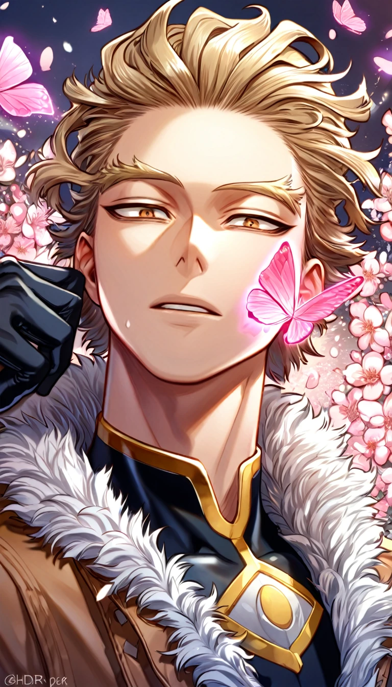 absurdres, highres, ultra detailed, HDR, master piece, best quality, extremely detailed face, delicated features, Hawks, ash blond hair, swept messily, slicked back, expressive brown eyes, Boku No Hero Academia, solo, sexy man, handsome, brown jacket with fur, black tight shirt, black gloves, water, blossoms, pink flowers, pink butterflies, fantasy, magic, radiant