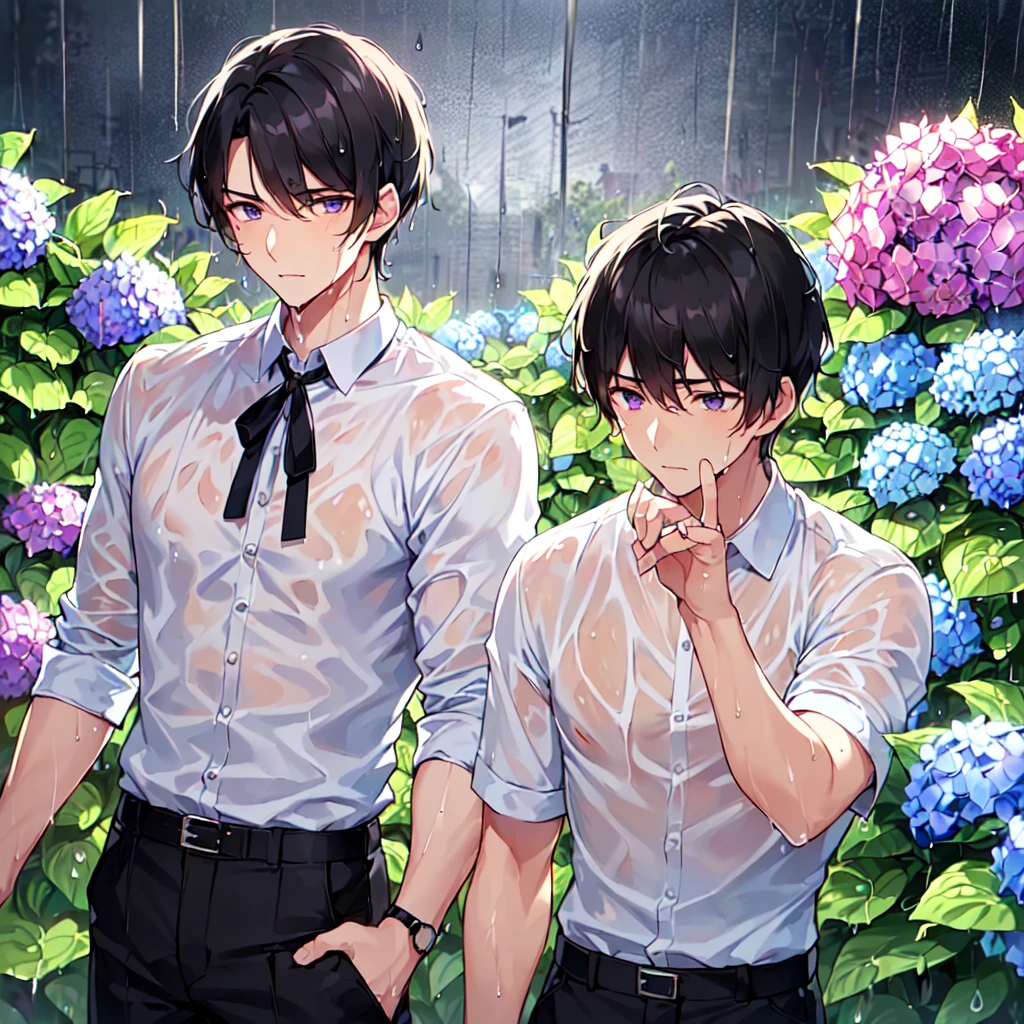masterpiece,best quality,high quality,(2male austere good-looking man adult age 30 two people : 1.5), purple eyes, cool with suspended eyes, V-shaped eyebrows, body strong and fearless 8.5 head tall, height 185 cm, (well-groomed black short hair down to neck: 1.4), (bangs split into seven thirds: 1.4), slender nose, expression lines, throat, (Clothes wet shirt and black trousers: 1.3), (hand on face), (standing), (stylish pose), (melancholy expression: 1.3), (background hydrangea garden: 1.3), (night rain: 1.3) , (upper body:1.3)