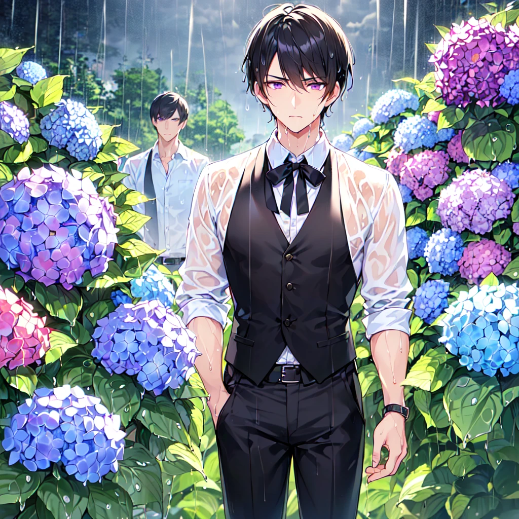 masterpiece,best quality,high quality,(2male austere good-looking man adult age 30 two people : 1.5), purple eyes, cool with suspended eyes, V-shaped eyebrows, body strong and fearless 8.5 head tall, height 185 cm, (well-groomed black short hair down to neck: 1.4), (bangs split into seven thirds: 1.4), slender nose, expression lines, throat, (Clothes wet shirt and black trousers: 1.3), (hand on face), (standing), (stylish pose), (melancholy expression: 1.3), (background hydrangea garden: 1.3), (night rain: 1.3) , (upper body:1.3)