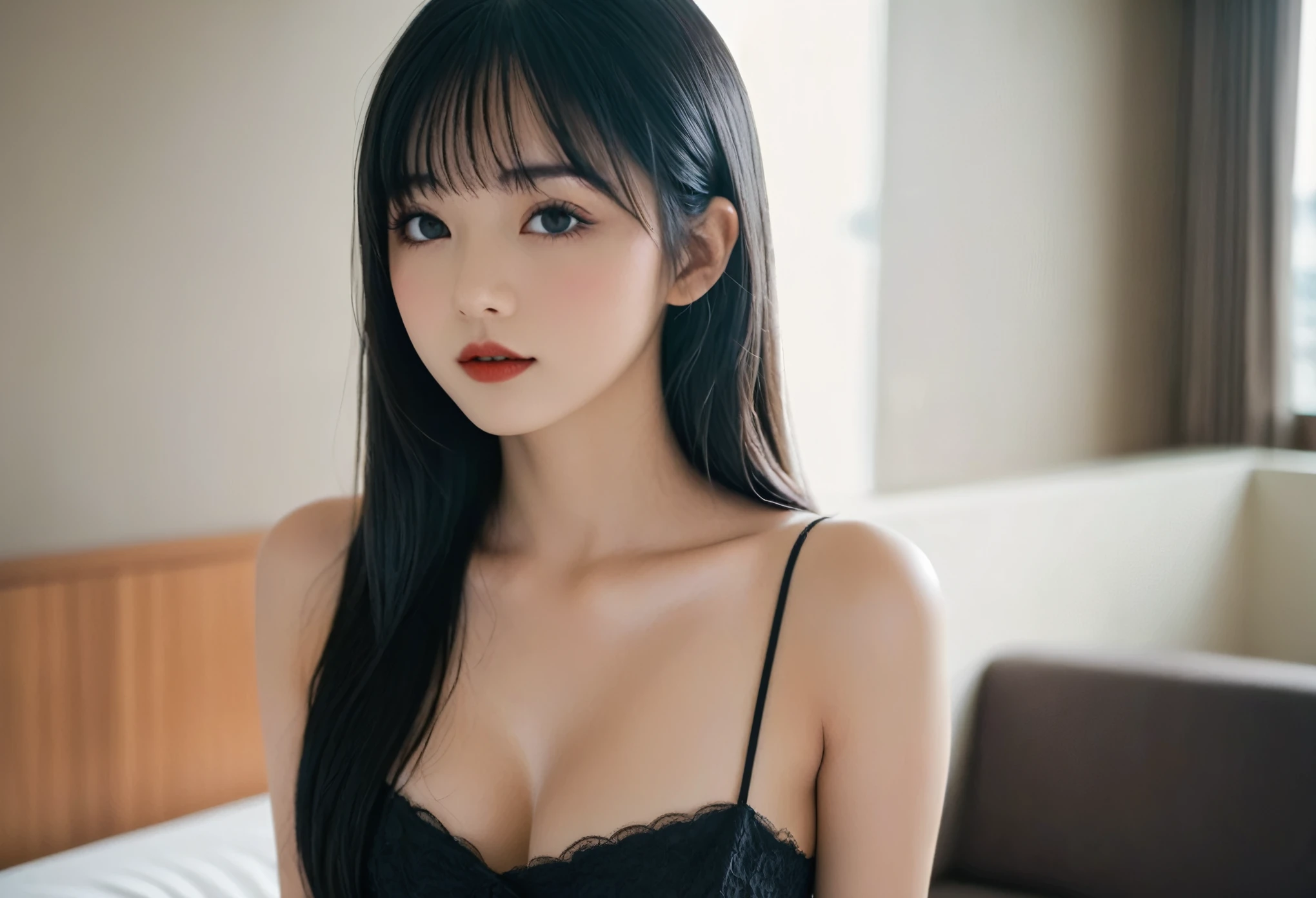 a girl,cute and pretty face,Long straight black hair,Long bangs covering eyes,long eyelashes,((Fine eyes)),small eyes,(half-closed eyes),(Dark lipstick),(Dark eyeshadow),Slim body,(Large breasts),Slender limbs,spaghetti strap dress,Inside a hotel room,clean focus,shallow Depth of Field,Ultra-detailed faces,very beautiful face,Extremely high texture skin,Look to viewer,Boyfriend's perspective,beautiful legs,(seductive),femainine pose,seductive little smile ,(realistic ,realistic-photo,RAW photo,8K original),lens flare,film grain,artistic photography,UHD,highres,masterpiece,retina,