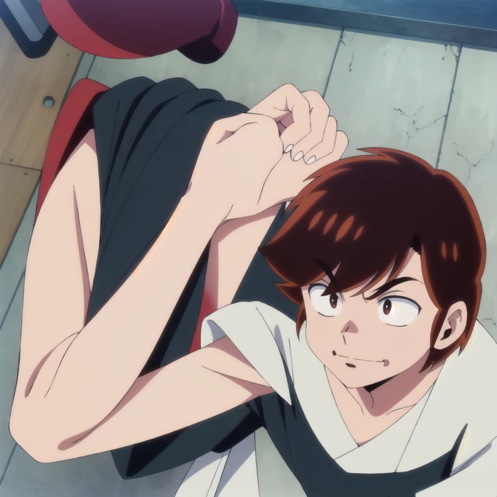 1 boy with fuchsia hair with black tips, messy hair, pale skin, red reds, Tomobiki High School , anime screencap