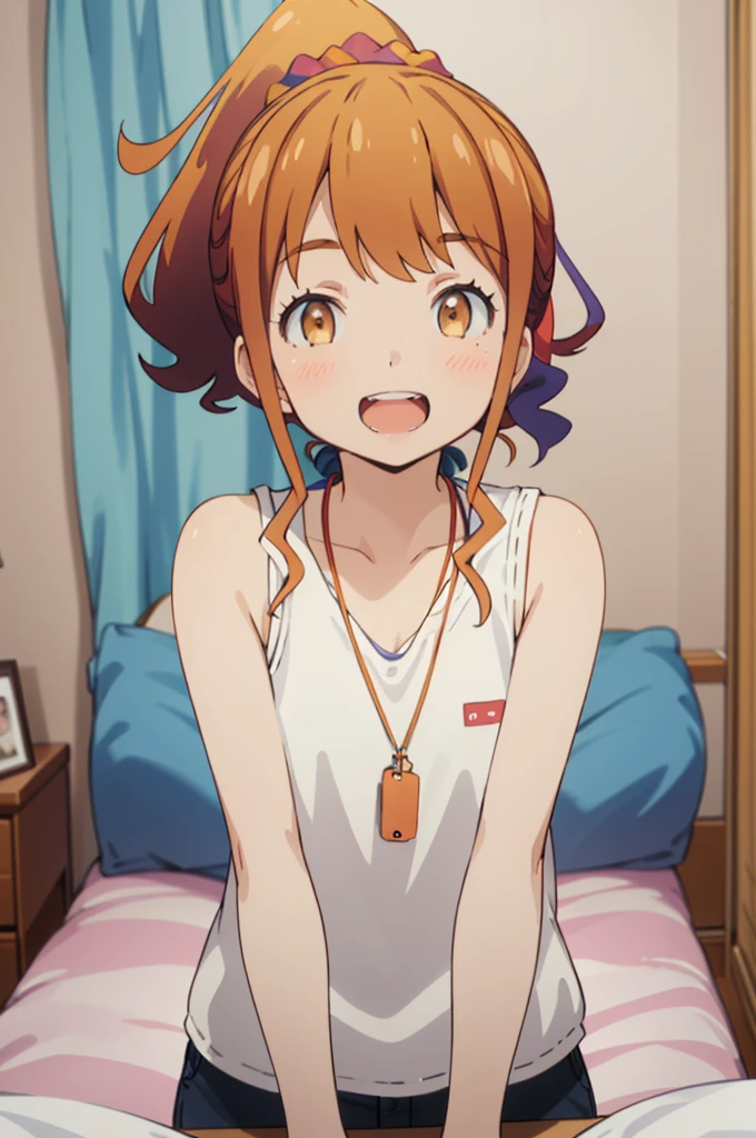 best quality, (masterpiece:1.2), highly detailed,
my room ,, jinno megumi,
1girl, solo, , looking at the viewer, open mouth, smile, teeth,
brown hair, ponytail, brown eyes, scrunchie, necklace,
casual clothes,sleeveless