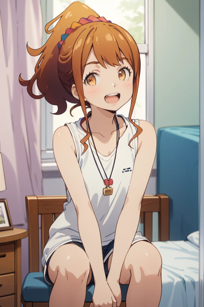 best quality, (masterpiece:1.2), highly detailed,
my room ,, jinno megumi,
1girl, solo, , looking at the viewer, open mouth, smile, teeth,
brown hair, ponytail, brown eyes, scrunchie, necklace,
casual clothes,sleeveless