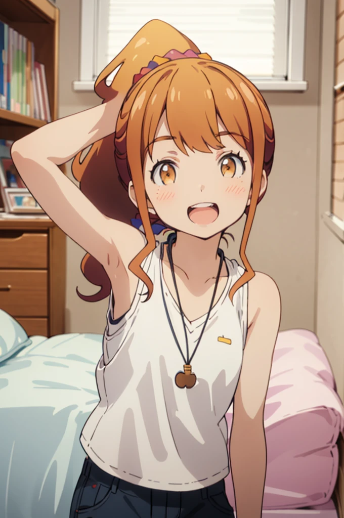 best quality, (masterpiece:1.2), highly detailed,
my room ,, jinno megumi,
1girl, solo, , looking at the viewer, open mouth, smile, teeth,
brown hair, ponytail, brown eyes, scrunchie, necklace,
casual clothes,sleeveless