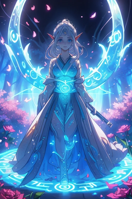 (((Wood elves floating above the forest, Tearing flowers in the forest ))) green hair, body, Radial glow, white fern flowers, Optical, Panoramic lighting, atmospheric perspective, dawn, Smoothing: 5D, Light painting, Color, beautiful countenance, clear facial features, symmetrical transparent wings, impressive detail. ((torso)), best quality, Artwork, a Japanese woman with ((White hair with luminescence)), ((detailed pearl blue eye)), highly detailed goddess soul, character focus, Alone, (Swirl Style Magical), Alone, front view, front view, looking at viewer, detailed face, ((Luminescent Lighting Magic Circle Theme)), perched on a ledge, tight neon body, light stripes, dark abyssal wanderer abstract, (( Simple Luminescence Neon Dress), inscribed with mystical runes, dystopian outdoor background,