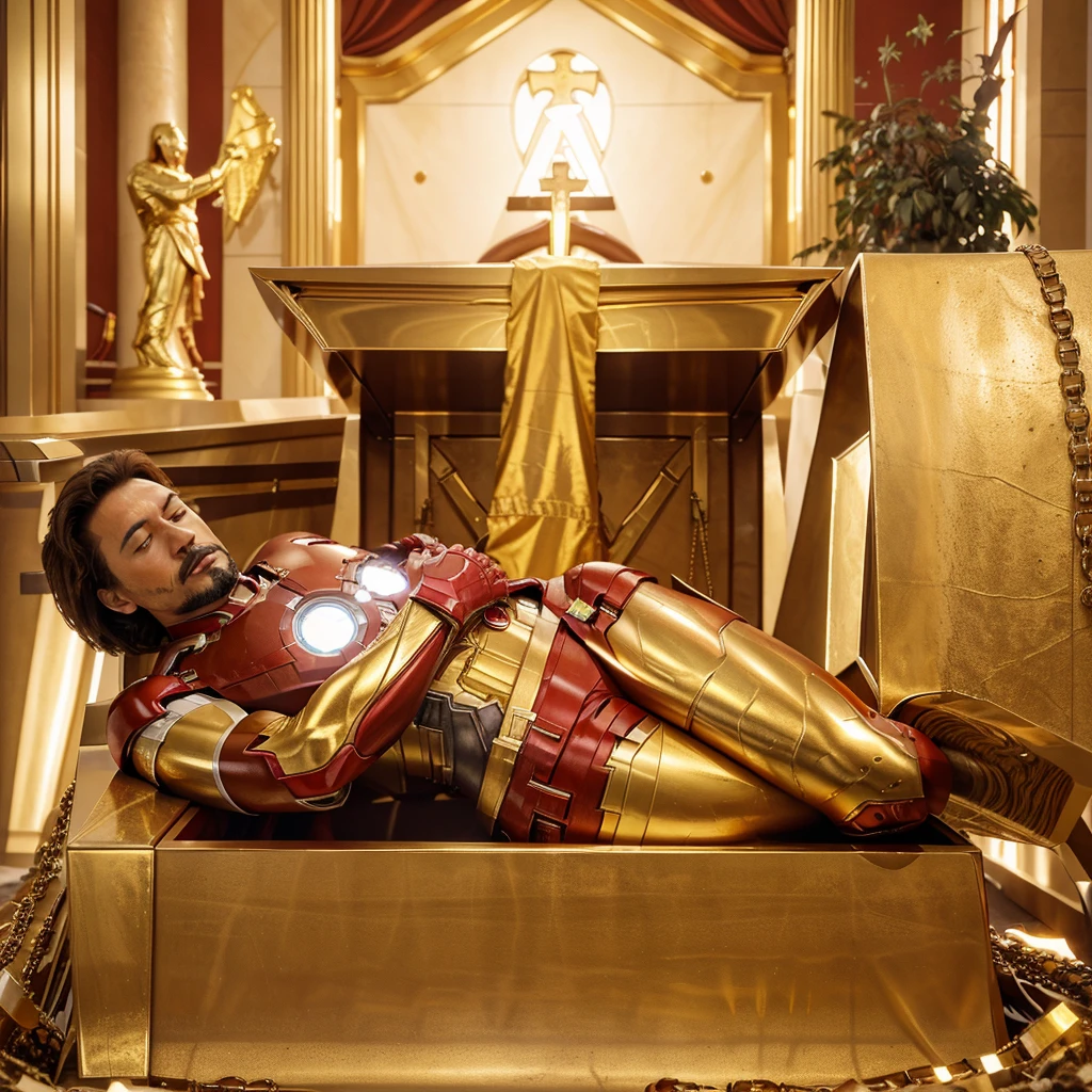 an high resolution image of iron man, lies in a golden coffin. He is in a peaceful state with his hands clasped on his chest. Around the coffin, Jesus Christ ( from bible)wearing white robe praying, background in church, people paying their respects.