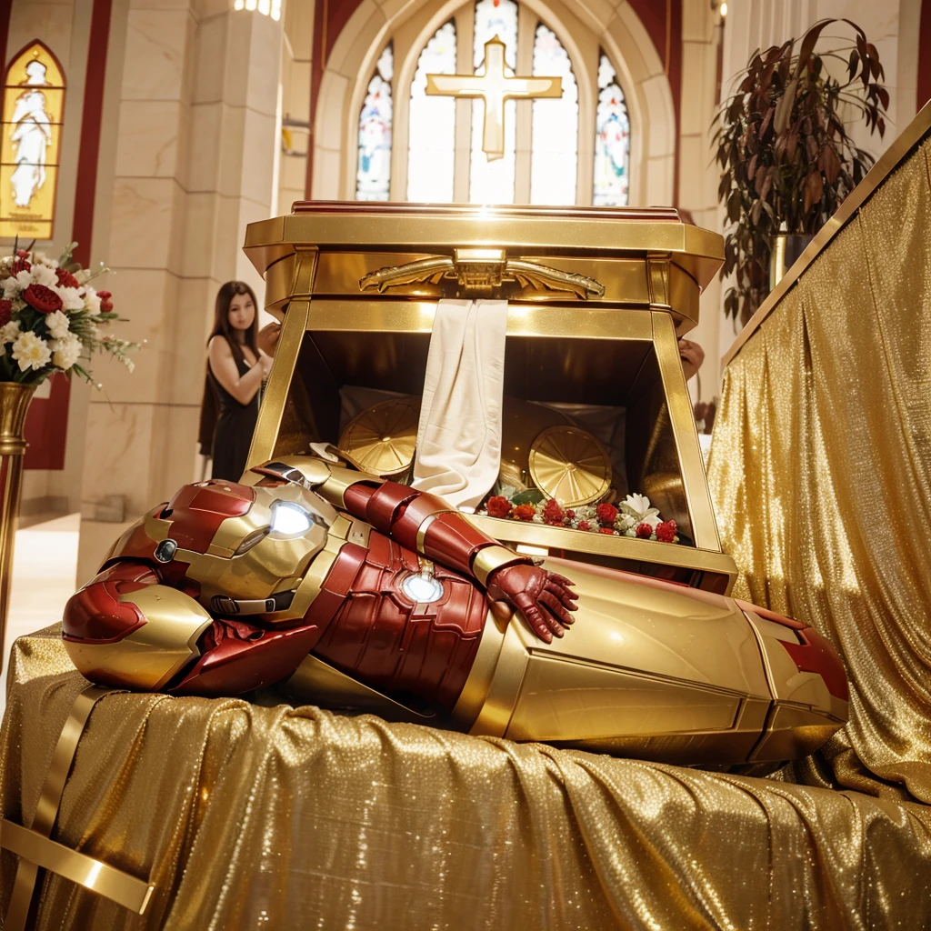 an high resolution image of iron man, lies in a golden coffin. He is in a peaceful state with his hands clasped on his chest. Around the coffin, Jesus Christ ( from bible)wearing white robe praying, background in church, people paying their respects.