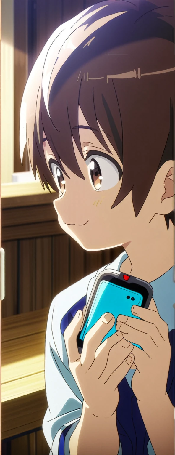 1 shota boy dressed in blue clothes, holding a cell phone, brown hair, brown eyes, full body portrait, anime, cute face and eyes, beautiful long eyelashes, adorable expression, 8k , high resolution, masterpiece