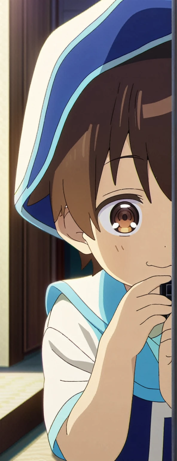1 shota boy dressed in blue clothes, holding a cell phone, brown hair, brown eyes, full body portrait, anime, cute face and eyes, beautiful long eyelashes, adorable expression, 8k , high resolution, masterpiece