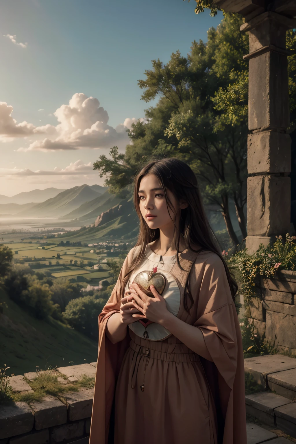 Landscape with the sacred heart of Jesus and the Holy spirit