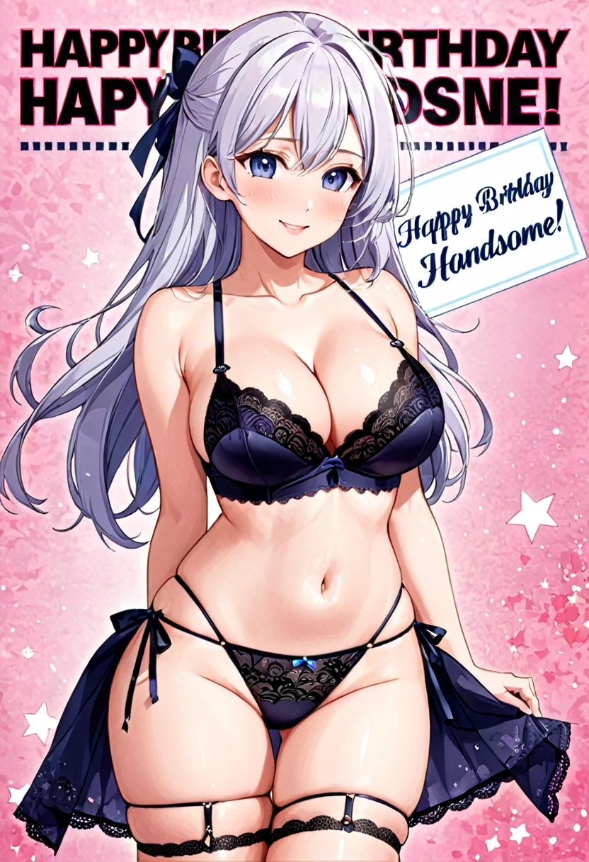 Happy birthday card, sexy waifu, anime style. Busty, lingerie with the words "happy birthday handsome" 