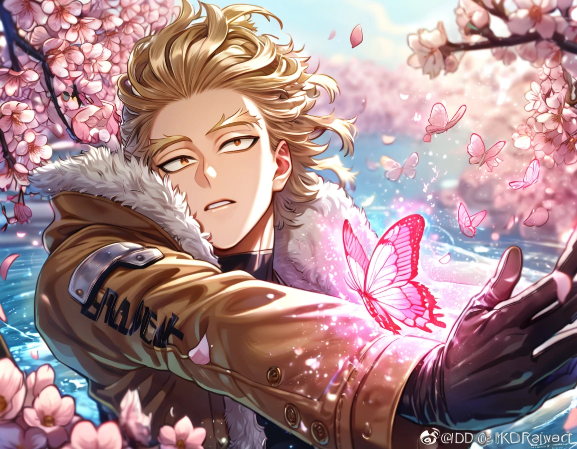 absurdres, highres, ultra detailed, HDR, master piece, best quality, extremely detailed face, delicated features, Hawks, ash blond hair, swept messily, slicked back, expressive brown eyes, Boku No Hero Academia, solo, sexy man, handsome, brown jacket with fur, black tight shirt, black gloves, water, blossoms, pink flowers, pink butterflies, fantasy, magic, radiant