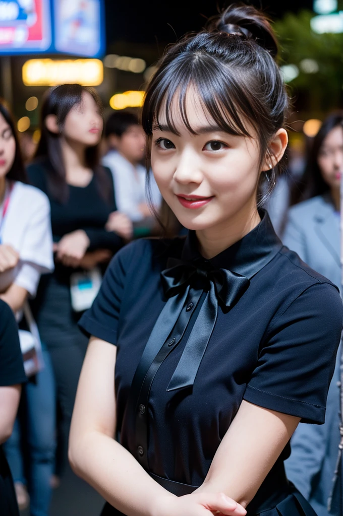(8K, RAW Photos, Highest quality, Learning:1.3),(Realistic,photo-Realistic:1.37),(night),(The audience watching:1.331),(Gray Hair),Pause,Tokyo Street,nightcityscape,Cyberpunk City,Soft Light, One girl, Very beautiful face, Perfect Body Proportions, focal distance, bust, casual hairstyle, smile, Big eyes, (short sleeves JK_shirt), JK_style, (navy JK_skirt), (bow JK_tie), Mix 4, Fine grain