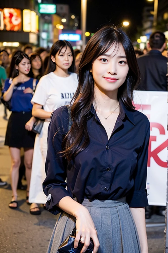 (8K, RAW Photos, Highest quality, Learning:1.3),(Realistic,photo-Realistic:1.37),(night),(The audience watching:1.331),(Gray Hair),Pause,Tokyo Street,nightcityscape,Cyberpunk City,Soft Light, One girl, Very beautiful face, Perfect Body Proportions, focal distance, bust, casual hairstyle, smile, Big eyes, (short sleeves ＪＫ_shirt), ＪＫ_style, (navy ＪＫ_skirt), (bow ＪＫ_tie), Mix 4, Fine grain