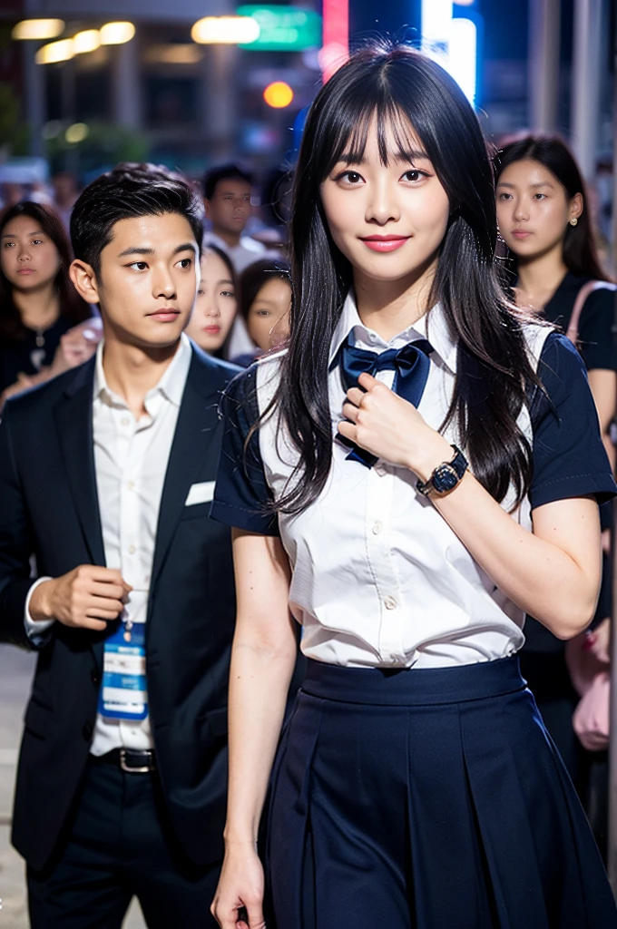 (8K, RAW Photos, Highest quality, Learning:1.3),(Realistic,photo-Realistic:1.37),(night),(The audience watching:1.331),(Gray Hair),Pause,Tokyo Street,nightcityscape,Cyberpunk City,Soft Light, One girl, Very beautiful face, Perfect Body Proportions, focal distance, bust, casual hairstyle, smile, Big eyes, (short sleeves ＪＫ_shirt), ＪＫ_style, (navy ＪＫ_skirt), (bow ＪＫ_tie), Mix 4, Fine grain