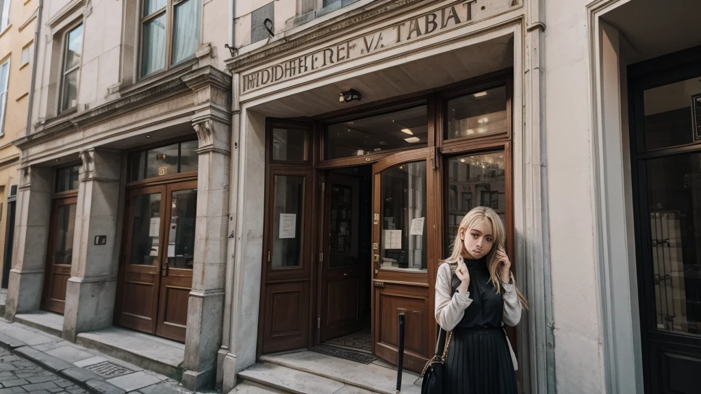 sad blonde girl in a city with Germanic architecture