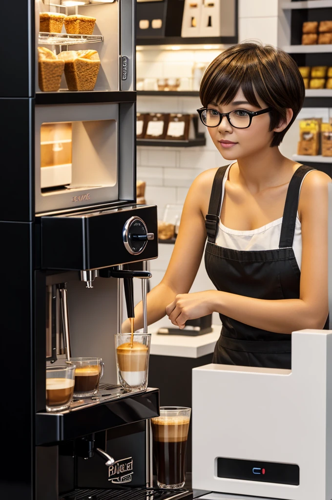 short person, Women, with pixie haircut, dark blonde hair color, mestiza, WITH BLACK LENSES, coquette, square face, ,      In a mini snack store, with coffee machine. 