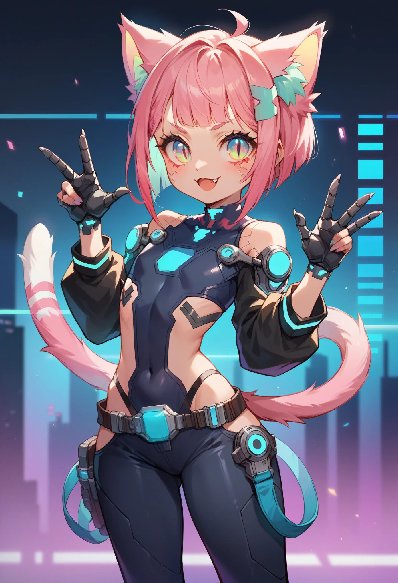 depiction of a cyberpunk cat girl, using a neon color palette of blues, greens, and purples, cyberpunk, android girl, background, score_7_up, score_8_up, score_9, abstract, cyberpunk background, detailed eyes, one cute fang, cybernetic implants, android, slit pupils, cat eyes silhouette, 1girl, score_9, score_8_up, score_7_up, highres, masterpiece, cowboy shot, young girl, tinyy proportions, loli:1.5, tinyy chest, skimpy neon hologram cyberpunk outfit, high cut, cutout, tight, no human ears, cybernetic neon cat ears, furred arms and legs, neon cybernetic cat tail, cybernetic digitigrade legs, dynamic erotic pose, neon strips in skin