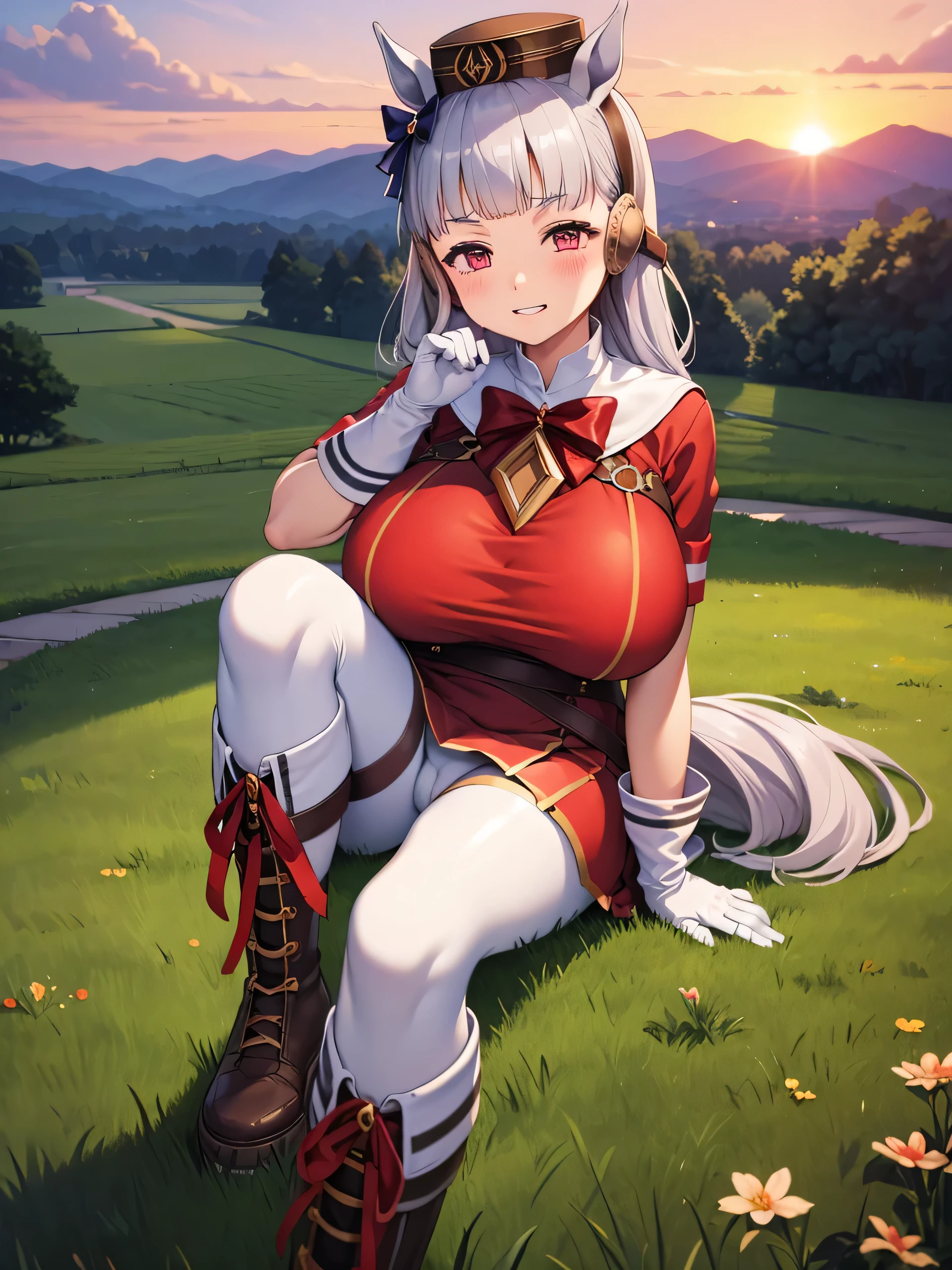 (masterpiece, Highest quality:1.2), alone, One girl, umpd gold ship, pillbox hat,Red dress,No sleeve, White Pantyhose, White gloves、boots, Horse tail,、grassland、Nature、blush、LOL、Wow smile、summer、Sunset、(Huge breasts:1.2)、Nipples are visible、Clothes are see-through、Naughty pose、Lift your legs、Leg spread、Pantyhose bite、See-through pussy、、Kindergarteners、、6 years old、、の小さな体
