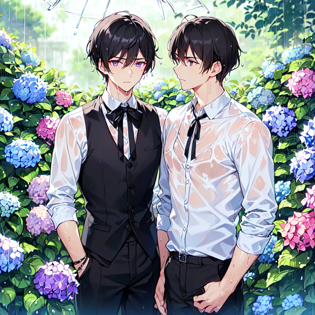 masterpiece,best quality,high quality,(2male austere good-looking man adult age 30 two people : 1.5), purple eyes, cool with suspended eyes, V-shaped eyebrows, body strong and fearless 8.5 head tall, height 185 cm, (well-groomed black short hair down to neck: 1.4), (bangs split into seven thirds: 1.4), slender nose, expression lines, throat, (Clothes wet shirt and black trousers: 1.3), (hand on face), (standing), (stylish pose), (melancholy expression: 1.3), (background hydrangea garden: 1.3), (night rain: 1.3) , (upper body:1.3)