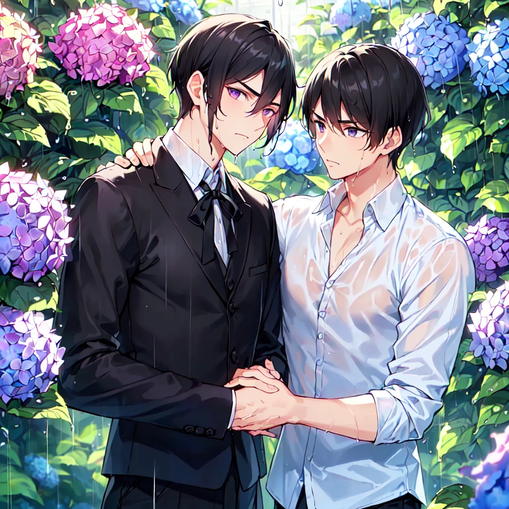 masterpiece,best quality,high quality,(2male austere handsome two people adult age 30: 1.5), purple eyes, cool with suspended eyes, V-shaped eyebrows, body strong and fearless 8.5 head tall, height 185 cm, (well-groomed short black hair down to neck: 1.4), (bangs split into seven thirds: 1.4), slender nose, facial muscles, throat, (wet shirt and black trousers: 1.3), (hand on face), (standing), (stylish pose), (melancholy expression: 1.3), (background hydrangea garden: 1.3), (night rain: 1.3), (upper body:1.3)