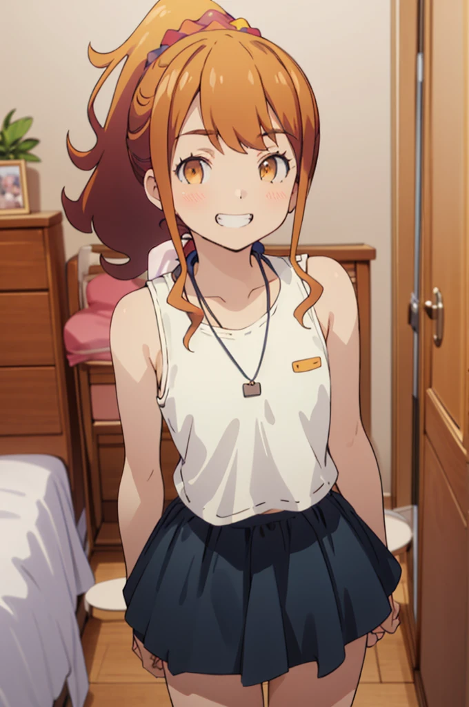 best quality, (masterpiece:1.2), highly detailed,
my room ,, jinno megumi,
1girl, solo, , looking at the viewer,grin
brown hair, ponytail, brown eyes, scrunchie, necklace,
casual clothes,sleeveless,miniskirt,small breasts,nsfw