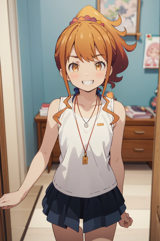 best quality, (masterpiece:1.2), highly detailed,
my room ,, jinno megumi,
1girl, solo, , looking at the viewer,grin
brown hair, ponytail, brown eyes, scrunchie, necklace,
casual clothes,sleeveless,miniskirt,small breasts,nsfw