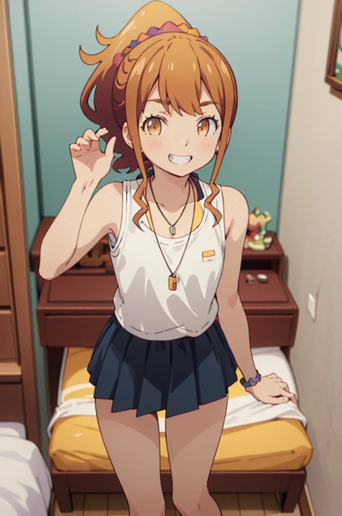 best quality, (masterpiece:1.2), highly detailed,
my room ,, jinno megumi,
1girl, solo, , looking at the viewer,grin
brown hair, ponytail, brown eyes, scrunchie, necklace,
casual clothes,sleeveless,miniskirt,small breasts,nsfw