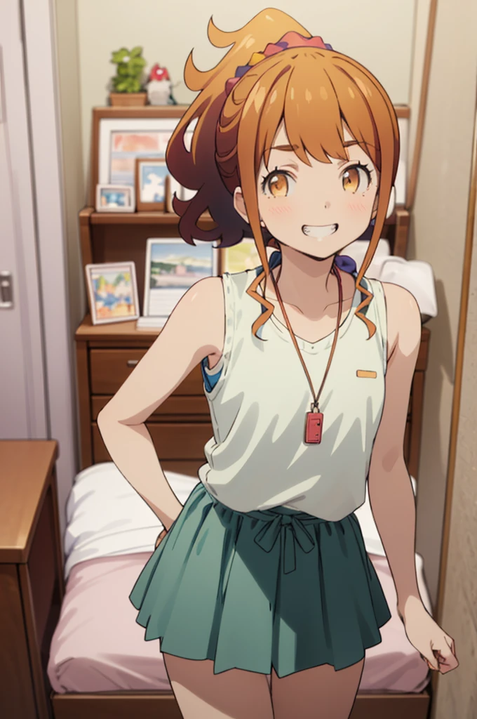 best quality, (masterpiece:1.2), highly detailed,
my room ,, jinno megumi,
1girl, solo, , looking at the viewer,grin
brown hair, ponytail, brown eyes, scrunchie, necklace,
casual clothes,sleeveless,miniskirt,small breasts,nsfw