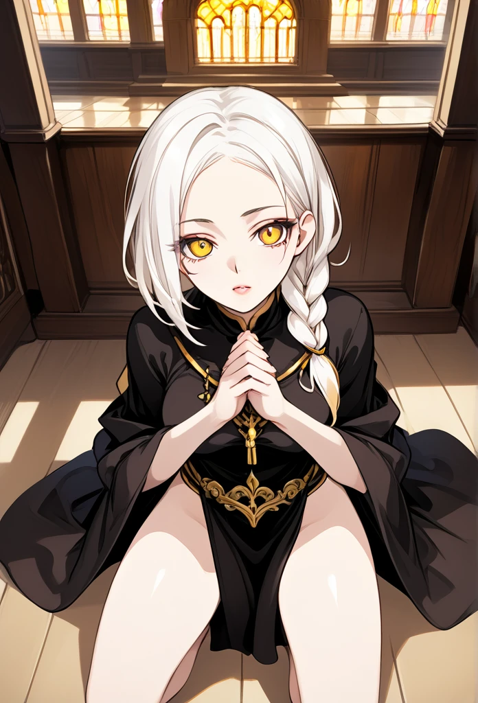 Mature woman, mature face, gentle face, glossy lips, golden eye color, golden eyes, gentle eyes, (braid hairstyle, bob hair, white hair, yellow gradient hair color, glossy hair), slender body, medium breast, thick thighs, saintess clothes, loincloth, church, praying pose, crouching, spreading legs, ohogao face, view from above, front view