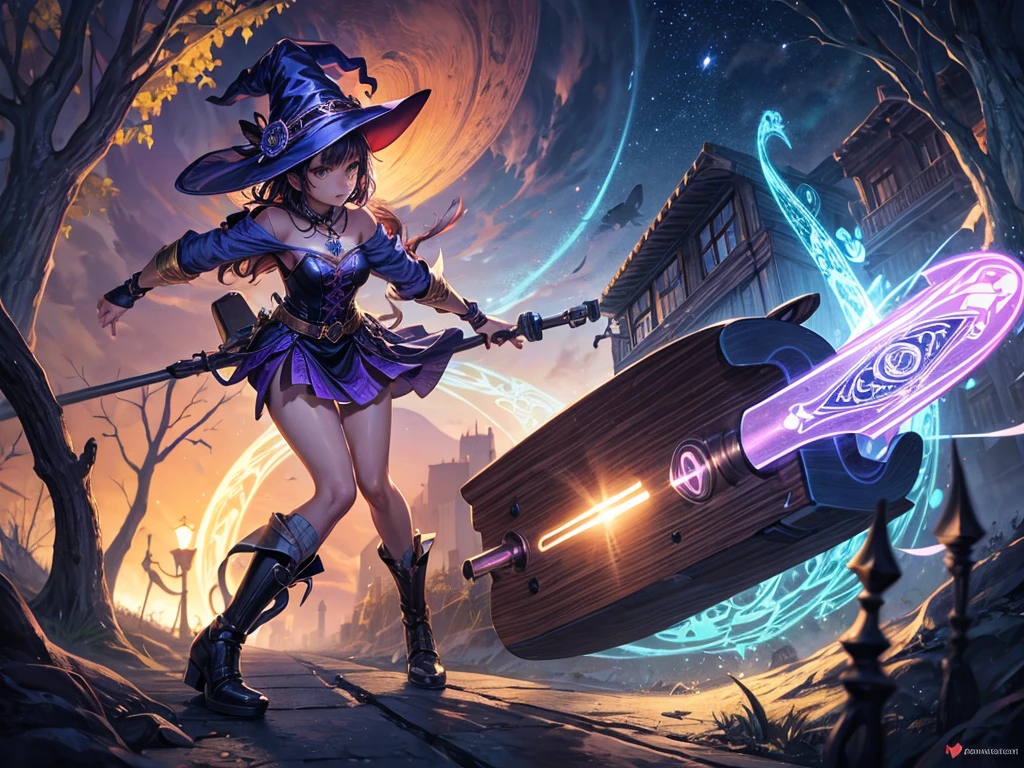 mysterious, magical,witch girl holding her enchanted skateboard, ready to ride, high detail, atmospheric 