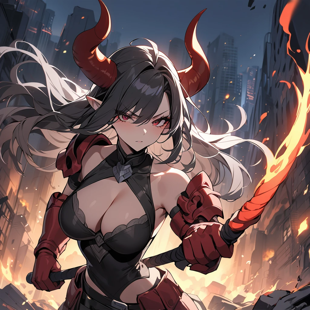 Masterpiece, best quality, 1girl, female version of Hellboy, pointy ears, horns, busty, small waist, white grey hair, large hips, cleavage, black hair, dark wings, armor, upper body, from front, swinging a flaming whip, arrogant look, in a destroyed city, night