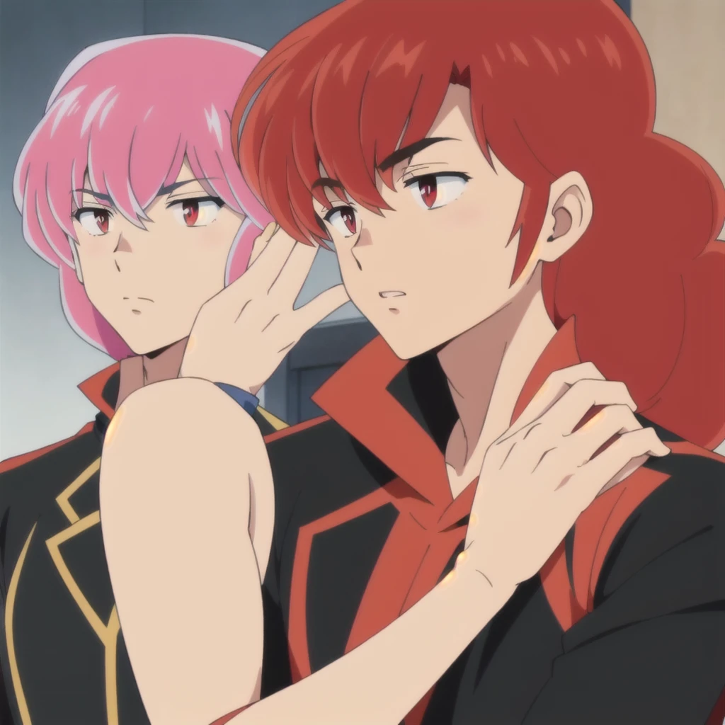 1 boy with fuchsia hair with black tips, messy hair, pale skin, red reds, Tomobiki High School , anime screencap