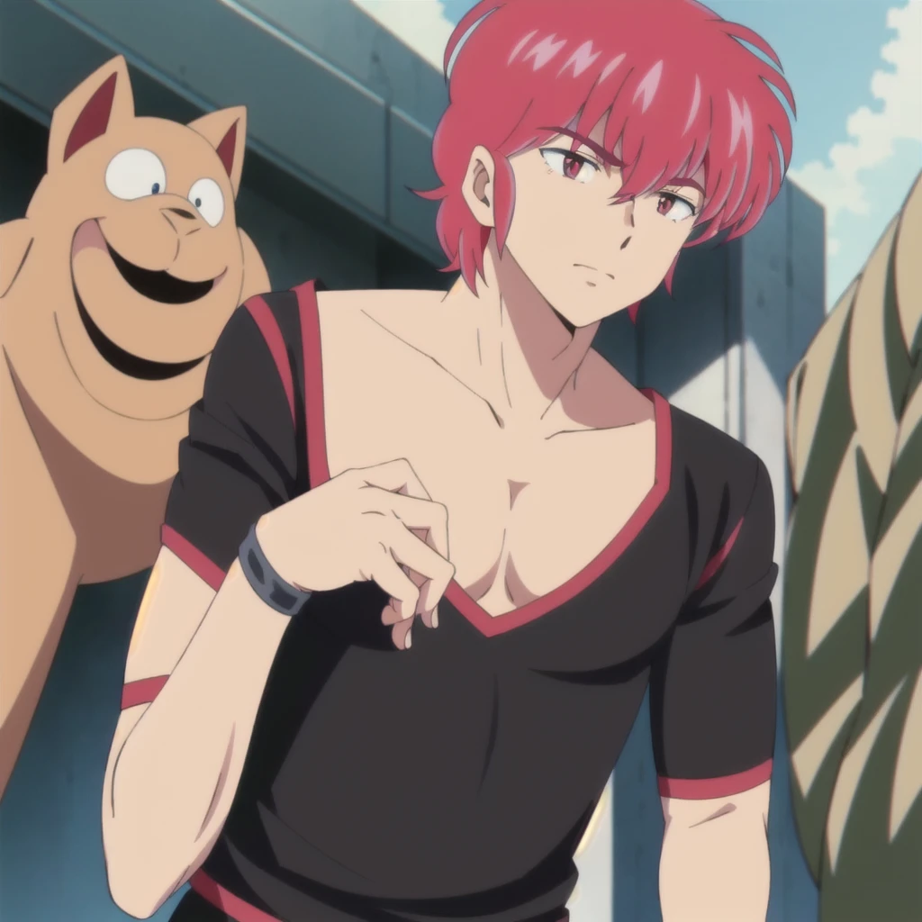 1 boy with fuchsia hair with black tips, messy hair, pale skin, red reds, Tomobiki High School , anime screencap