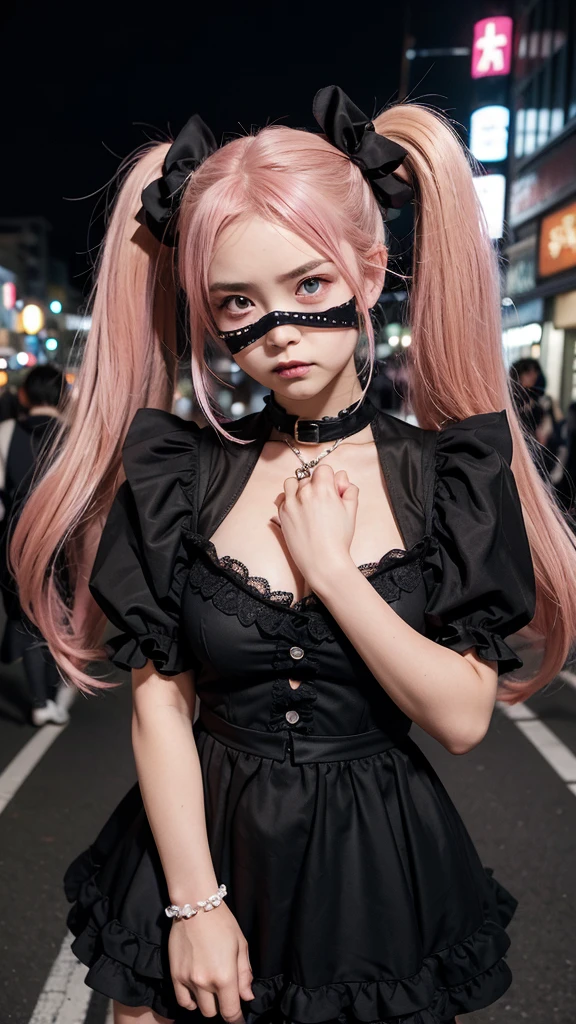 A cute -yeld giwith an eye patch, wearing a gothic pink frilled dress, pale smooth skin, beautiful eyes with many star-shaped highlights, pink twintails hair with heart hairclip, angry expression, black mouth mask, open cleavage, many accessories, posing in a cute way, at night in the Harajuku district of Tokyo, Japan, with a fancy and dark background.