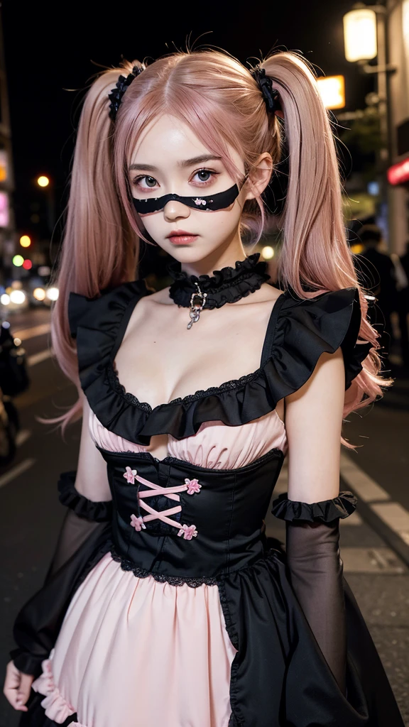 A cute 12-year-old girl with an eye patch, wearing a gothic pink frilled dress, pale smooth skin, beautiful eyes with many star-shaped highlights, pink twintails hair with heart hairclip, angry expression, black mouth mask, open cleavage, many accessories, posing in a cute way, at night in the Harajuku district of Tokyo, Japan, with a fancy and dark background.
