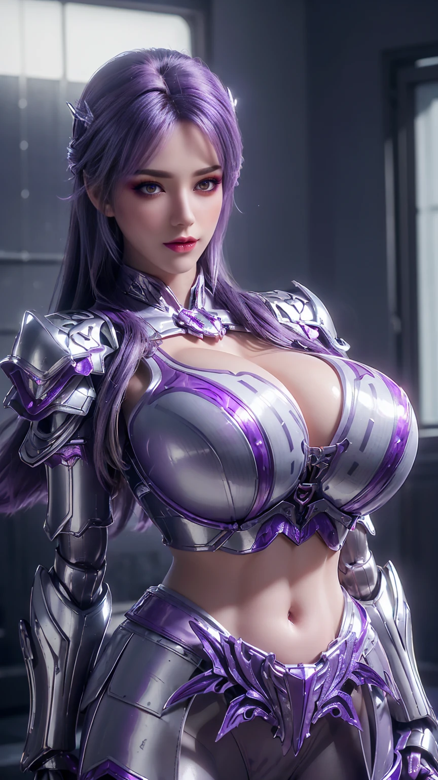 A BUSTY MILF, CLOSEUP UPPER BODY,SOLO, ((DRAGON MECHA HORN,PURPLE LONG HAIR)), (GIGANTIC FAKE BOOBIES,CLEAVAGE TOP,11 LINE ABS:1.5), ((WEARING OUTFIT SILVER, PURPLE, CRIMSON RED DRAGON MECHA TRANSFORMERS CROP TOP ARMOR:1.5)), (MUSCULAR BODY SHAPE:1.5), (CLEAN GLOSSY BODYSKIN:1.5), (LOOKING AT VIEWER:1.6), (BACKGROUND FUTURISTIC SPACE STATION:1), (PHOTOREALSITIC:1.4), (ULTRA-DETAILLIERT), (TOP-QUALITY), (BEST SHADOWS), BRIGHT LIGHT IN ROOM, HYPER TEXTURE, (4X MSAA), ((UNREAL ENGINE 5 RENDER)), (NEON), PHYSICALLY-BASED RENDERING, ULTRA HIGHT DEFINITION, 16K, 1080P.