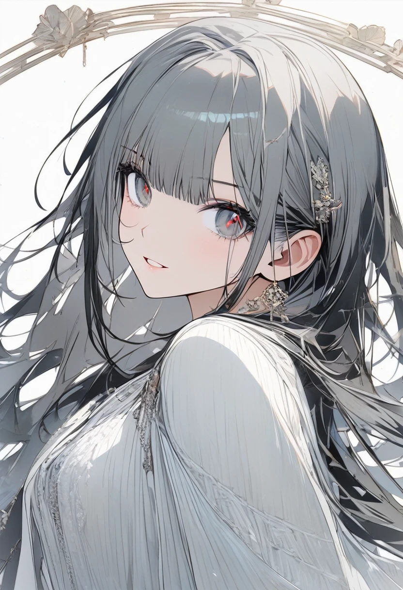 1girl, bangs, long hair, glossy straight hair, straight cut of bangs, straight cutted long sidelocks,, gradient_eyes, red to gray gradiented eyes,  girl,, royal type shoulder off dress, Conceptual art, masterpiece, super detail, high details, high quality, best quality, highres