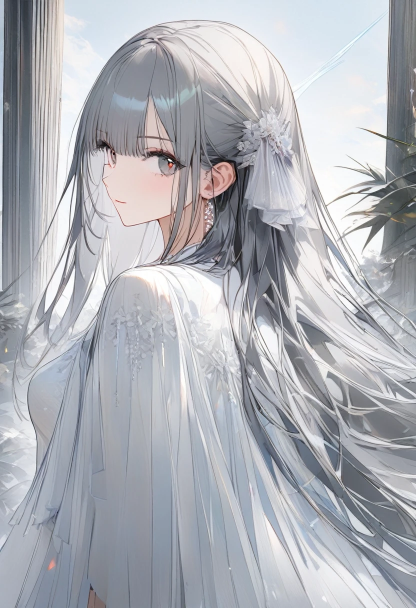 1girl, bangs, long hair, glossy straight hair, straight cut of bangs, straight cutted long sidelocks,, gradient_eyes, red to gray gradiented eyes,  girl,, royal type shoulder off dress, Conceptual art, masterpiece, super detail, high details, high quality, best quality, highres