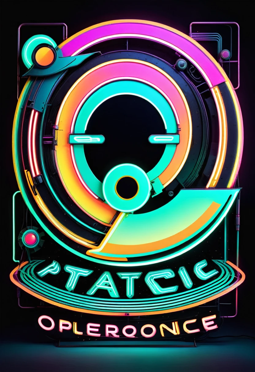 Create a logo that says RETRO-FUTURISTIC AESTHETICS AND TECHNOLOGICAL OBSOLESCENCE WITH A HIGH SPEED universal FONT, VINTAGE AND NEON COLORS THAT REPRESENT THE PAST.