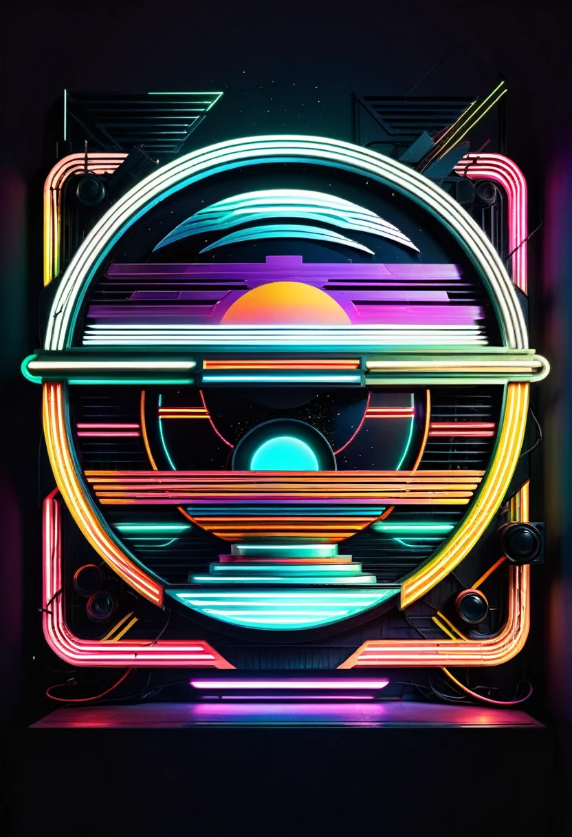 Create a logo that says RETRO-FUTURISTIC AESTHETICS AND TECHNOLOGICAL OBSOLESCENCE WITH A HIGH SPEED universal FONT, VINTAGE AND NEON COLORS THAT REPRESENT THE PAST.