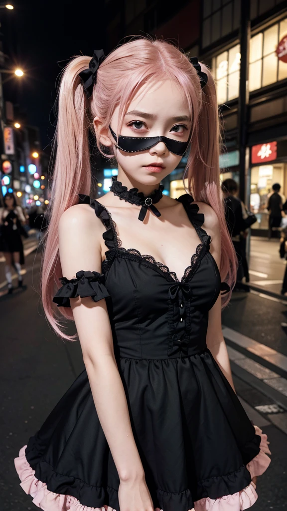 A cute  with an eye patch, wearing a gothic pink frilled dress, pale smooth skin, beautiful eyes with many star-shaped highlights, pink twintails hair with heart hairclip, angry expression, black mouth mask, open cleavage, many accessories, posing in a cute way, at night in the Harajuku district of Tokyo, Japan, with a fancy and dark background.