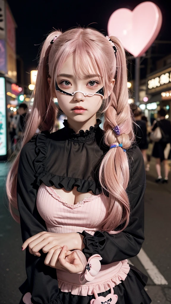 A cute 12-year-old girl with an eye patch, wearing a gothic pink frilled dress, pale smooth skin, beautiful eyes with many star-shaped highlights, pink twintails hair with heart hairclip, angry expression, black mouth mask, open cleavage, many accessories, posing in a cute way, at night in the Harajuku district of Tokyo, Japan, with a fancy and dark background.