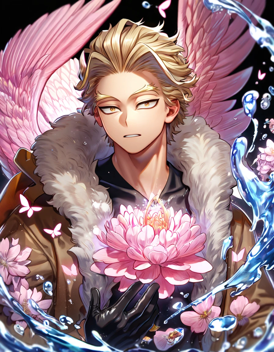 absurdres, highres, ultra detailed, HDR, master piece, best quality, extremely detailed face, delicated features, Hawks, ash blond hair, swept messily, slicked back, expressive brown eyes, Boku No Hero Academia, solo, sexy man, handsome, brown jacket with fur, black tight shirt, black gloves, water, blossoms, pink flowers, pink butterflies, fantasy, magic, radiant