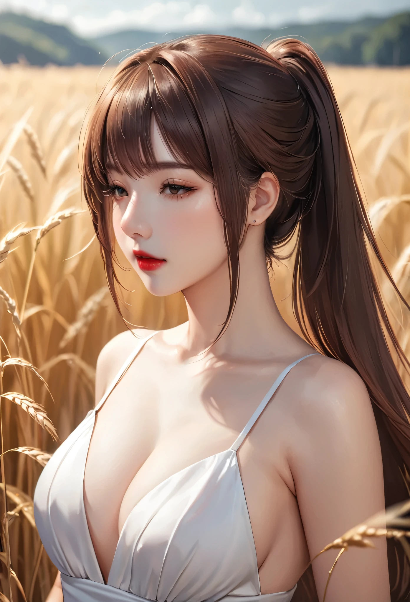 (masterpiece:1.4),, (best quality:1.4),, Ultra-high resolution,, 8K, CG,, (Very delicate and beautiful:1.2),, , Upper Body,, from the side,, View viewer,, , a girl,, alone,, robber girl,, Adult,, , Lovely, Sweet,, , in the wheat field,, Blurred background,, , long brown hair,, ponytail,, , Brown eyes,, mouth closed,, red lips,, , Face blown by the wind,, , White dress,, Medium chest,