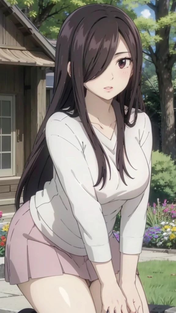 Cute mommy, mature women, realistic skin,perfect ,black hair, long hair, (hair over one eye:1.4), messy hair, hair between eyes, oversize shirt,pink mini skirt, chubby,plump,fat,pucker lips,cute shy blush on,garden, under tree,night 